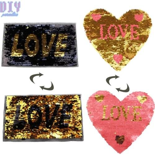 LOVE Reverse Sequins Sew On Patches for kids Lady Girl clothes Clothing Reversible Change Color Cartoon Patch Applique