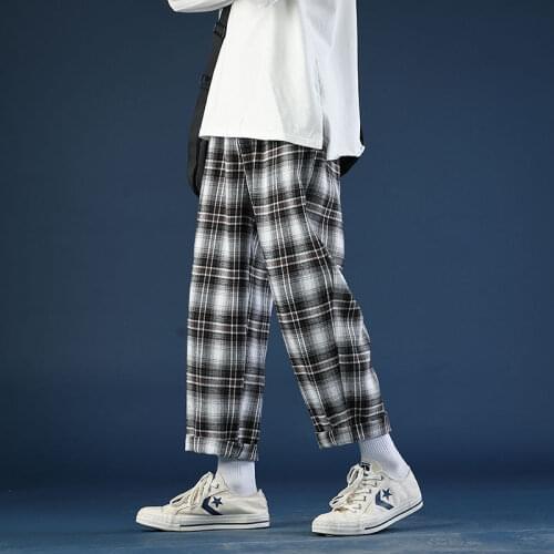 Spring Summer Thin Plaid Pants Mens Fashion Retro Casual Pants Men Streetwear Wild Loose Drawstring Straight Trousers Mens