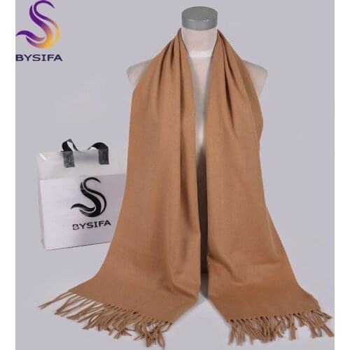 [BYSIFA] Ladies Wool Scarves Shawls New Solid Long Neck Scarf Wrap 100% Pure Wool Women Camel Cashmere Scarves Pashmina 200*50cm