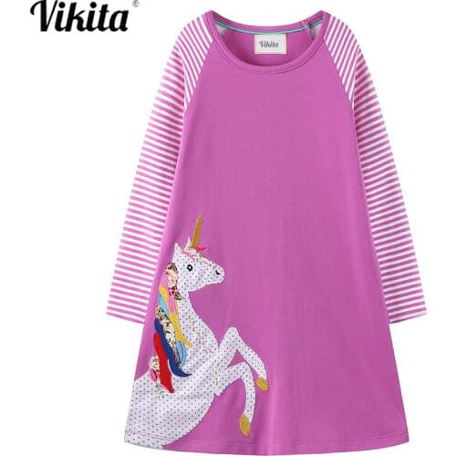 VIKITA Kids Dresses for Girls Unicorn Vestidos Autumn Spring Girl Cotton Clothes Children Costume Licorne Appliques Casual Dress