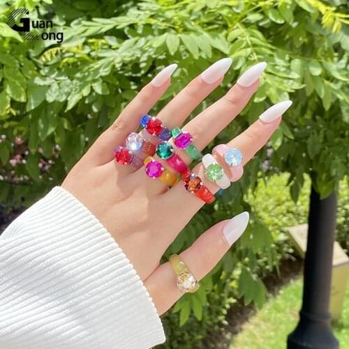 GuanLong Fashion Acrylic Colorful Korea Rhinestone Rings Women 2021 Big Transparent Finger Ring Girls Vintage Female Jewelry