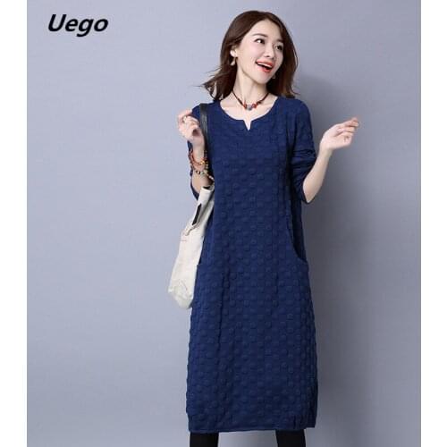 Uego Padding Cotton Thicken Autumn Winter Dress V-neck Jacquard Vintage Dress Plus Size Loose Women Spring Casual Midi Dress