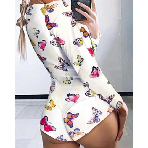 2020 Sexy Women V-neck Bodysuit Long Sleeve Bodycon Stretch Leotard Bodysuit Button Short Romper Pajama Women Sleepwear Jumpsuit