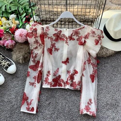 Korean Fashion embroidery Pullovers Half Turtleneck Long Puff Sleeve Jumpers Solid Patchwork Slim blouse Women Autumn New
