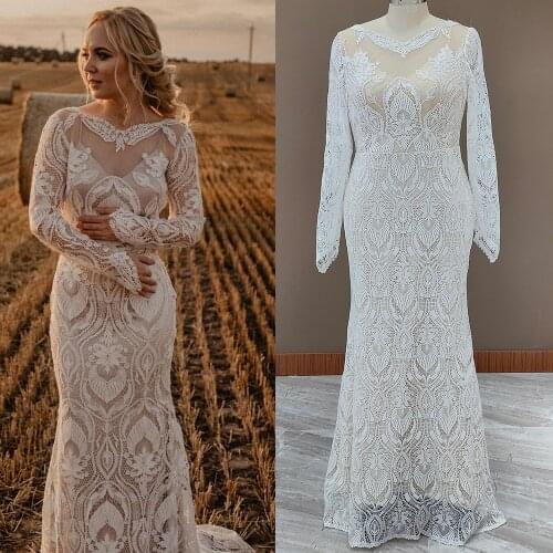 Long Sleeves Lace Rustic Wedding Dress Backless Vintage Beach Barn Ranch Plus Size Custom Made 2021 Mermaid Bride Gown