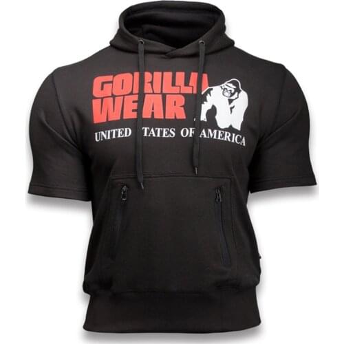 Black Short sleeve Hoodies Casual Print Sweatshirt Men Gym Fitness Workout Clothes Cotton Tops Autumn Hooded Pullover Sportswear