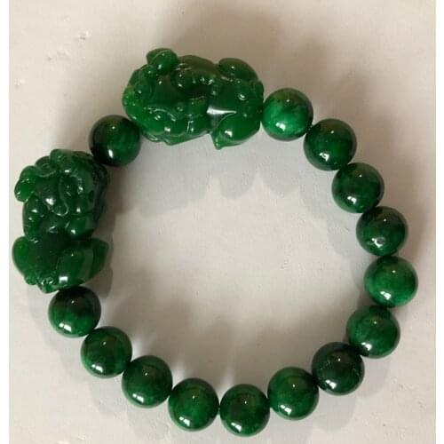 Wholesale Dry Green Natural Stone Bracelets 10mm Round Bead With Hand Caved Double Pixiu Bracelet for Men Women Bracelet Jewelry
