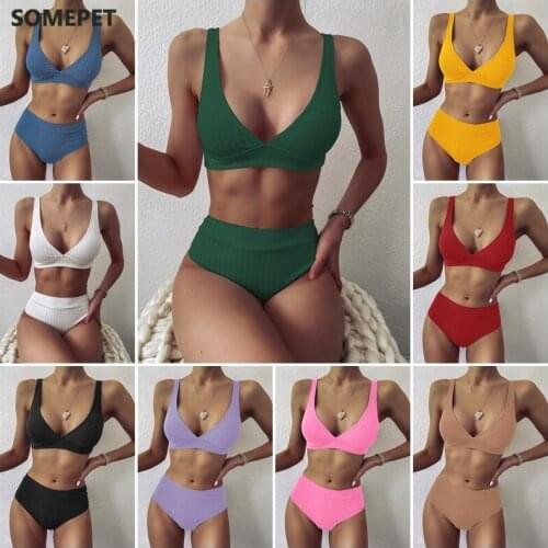 Peachtan Sexy solid ribbed bikinis 2021 mujer High waist swimsuit women V neck swimwear female Sport bathing suit Stripe biquini