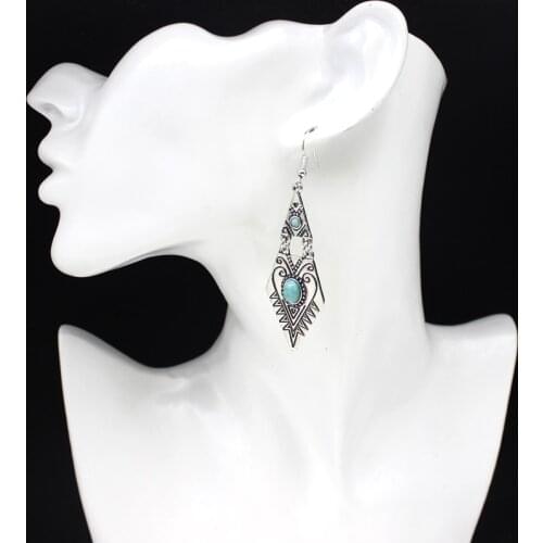 Retro Long Triangle Ethnic Wind Earrings Hanging Metal Love Inlaid With Red And Blue Resin Carved Drop Earrings Jewelry