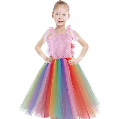 Pink Princess Girls Unicorn Tutu Dress Ankle-length Kids Birthday Party Ball Gown Costume Rainbow Theme Girls Wedding Dresses