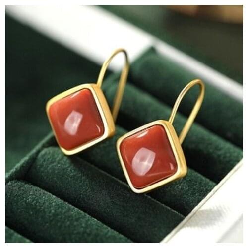 S925 Silver Earrings Natural Red Agate Lucky Knot Eardrops Ladies Southern Red Agate Red Agate Retro Classic Eardrops Earrings