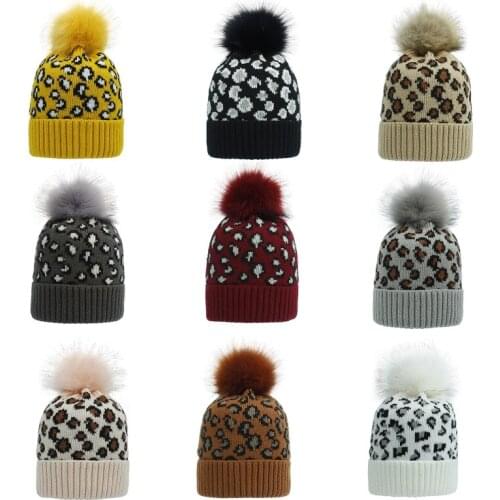 Women Winter Warm Knitted Beanie Hat Vintage Leopard Animal Print Fuffy Pompom Cuffed Skull Cap Head Cover Ear Warmer