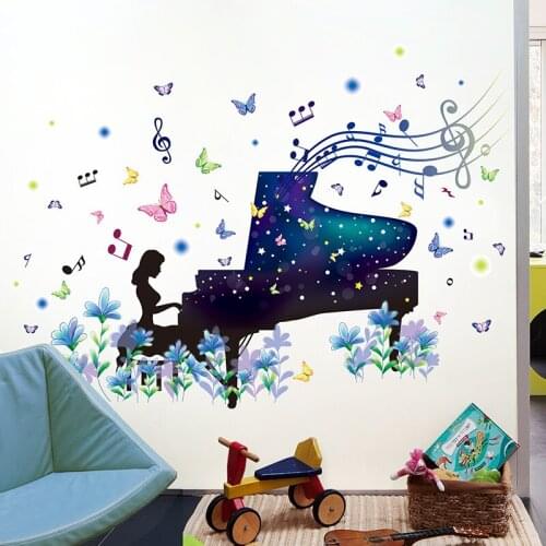 [shijuekongjian] Piano Girl Papillon Wall Stickers DIY Cartoon Mural Decals for Music Classroom Bedroom Living Room Decoration