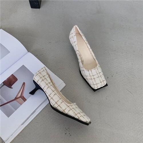 Chic Square toe lattices fabric pumps woman chaussure femme shallow slip on talons hauts plaid cloth thin high heels shoes women