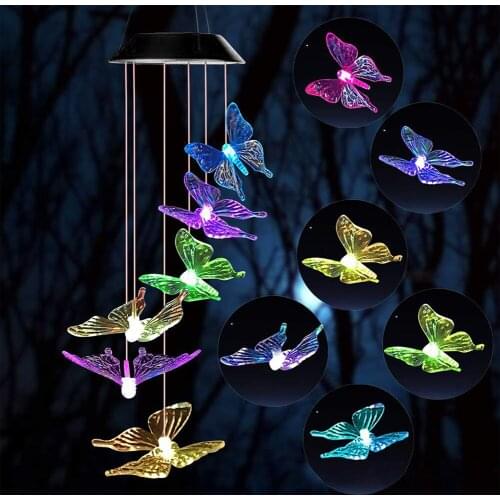 LED Solar Wind Chime Butterfly Light Color Changing Waterproof Outdoor Windchime Hanging Lamp for Garden Patio Yard Decoration