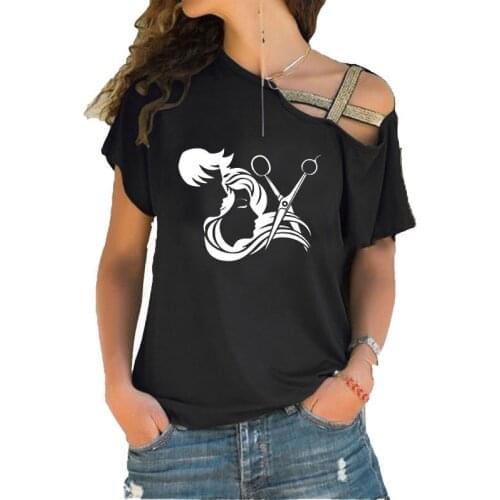 High Quality Hair Salon Stylist Hairdresser Barber print Women Cotton Irregular Skew Cross Bandage Tshirt