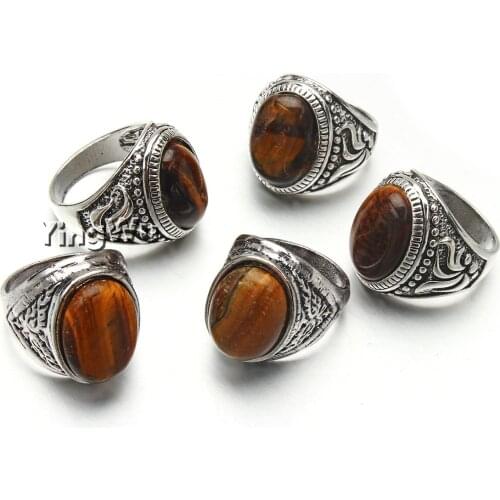 Yingwu Vintage Men Oval Tiger Eye Brown Stones Silver Plated Alloy Jewelry Women Mens Accessories Anel Aneis 20pcs