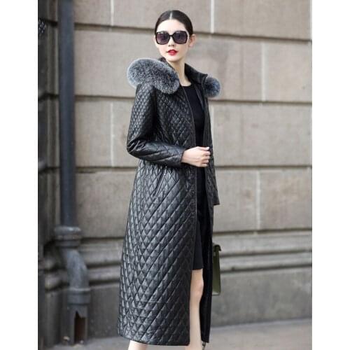 Jacket Winter 2020 Women Genuine Sheepskin Coat Long Warm Leather Jacket Fox Fur Collar Cotton Padded Outerwear FXH6077B