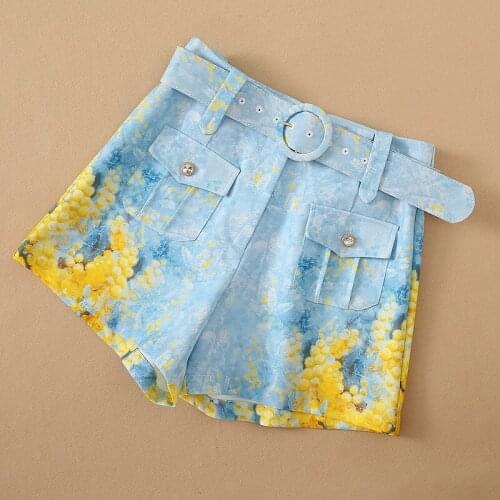 European and American womens wear for summer 2021 Yellow print pocket Fashion belt blue shorts