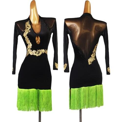Female Latin Dance Clothing Professional Competition Dress Mesh Stitching Tassel Tango ChaCha Performance Stage Costume VDB3873