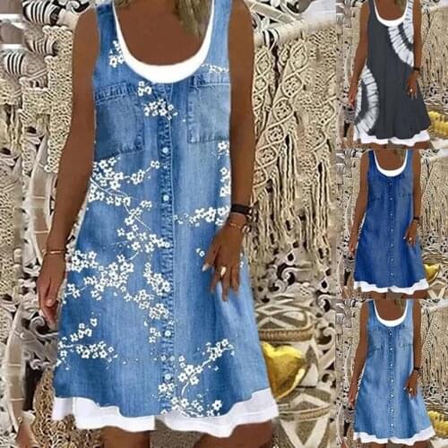 Women Floral Print Dress Summer Casual Round Neck Sleeveless Denim Style Sundress Ladies Plus Size Party Vestido Mini Tank Dress