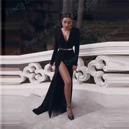 2021 Saudi Arabia Prom Dresses Vestidos Sexy High Side Split With Belt V-neck Long Sleeves A-line Long Formal Evening Dresses