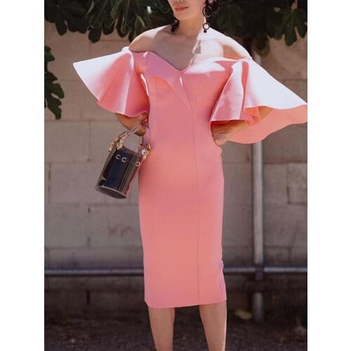 Bare Shoulder Dresses Women Midi Length Bodycon Flare Sleeve Pencil Ladies Evening Party Fashion Pink Dess Plus Size XXL