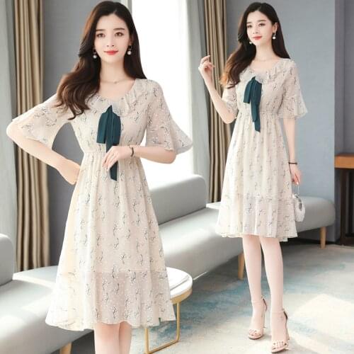 2021 High Quality Fashion Sweet Chiffon Midi Dresses Summer Vintage Plus Size Print Sundress Women Elegant Bodycon Party Vestido