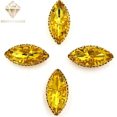 7X15mm Gold yellow Horse eye sew on rhinestones gold base with hole lacy claws glass crystal rhinestones Diy garment accessories