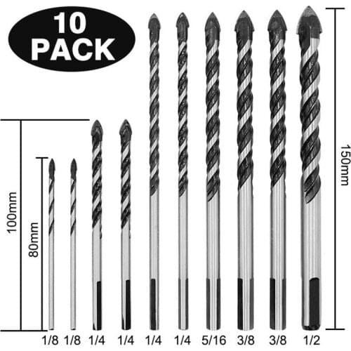 10PCS 1/8-1/2 Ceramic Tile Drill Bits,Masonry Drill Bits Set for Glass Brick Concrete Wood Tungsten Carbide Tip for Wall Mirror