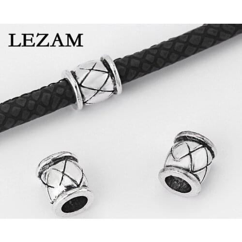 10pcs Antique Sliver Tone Beads Tube Carved Rhombus Slider Spacer for 6.5mm Round Leather Cord Bracelet Making