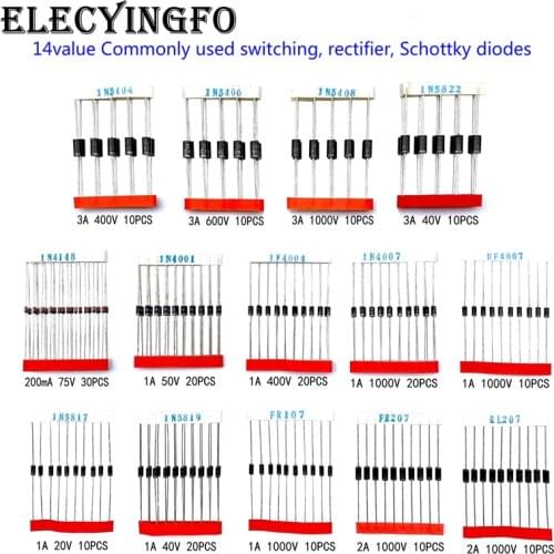 14 value 200pcs diode kit Commonly used switching rectifier Schottky 1N5404 5406 5408 5822 5817 FR107 207 RL207 UF4007 1N4007