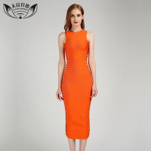 2017 Summer Sexy Sleeveless Bandage Dresses Bow Decoration High Flexibility Party Dress Ladies Orange Knee-Length Bandage Dress
