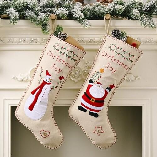 2020 New Linen Embroidered Christmas stocking Creative Santa Snowman Socks Pendant Gift Bag Christmas Ornaments
