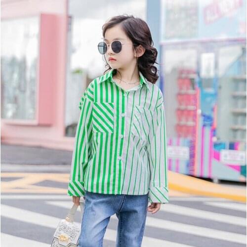 Girls Blouse Spring Autumn Teenager Girls Tops School Girl Green Striped Cotton Long-Sleeve Shirts Children Clothing 6 8 10 12