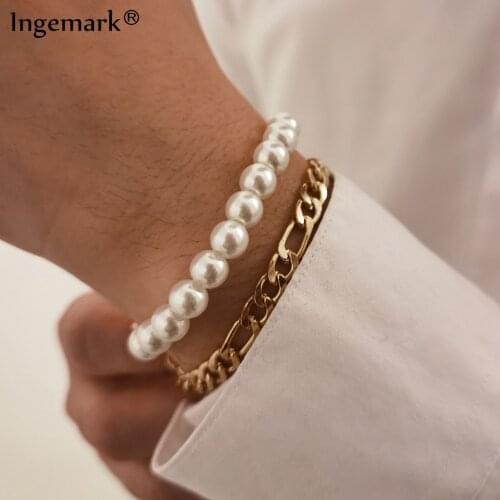 2Pcs/Set Imitation Pearl Pendant Bracelet Bangle Women Men 2021 Summer Knot Lock Cuban Beaded Bracelet Hand Party Jewelry Gifts