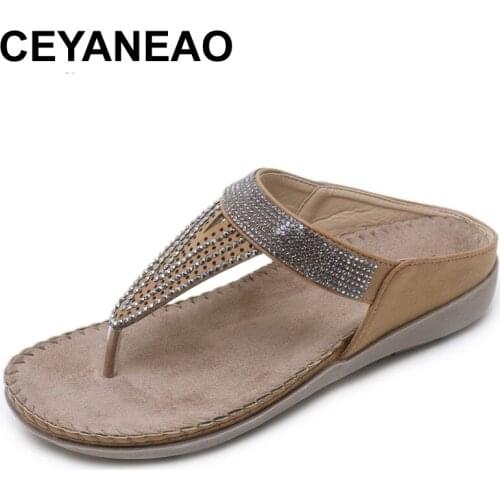CEYANEAOSummer Women Casual Flat Beach Slipper Flip Flop Sandals Shoes Woman Bohemia Crystal Ethnic Female European ShoesE1988