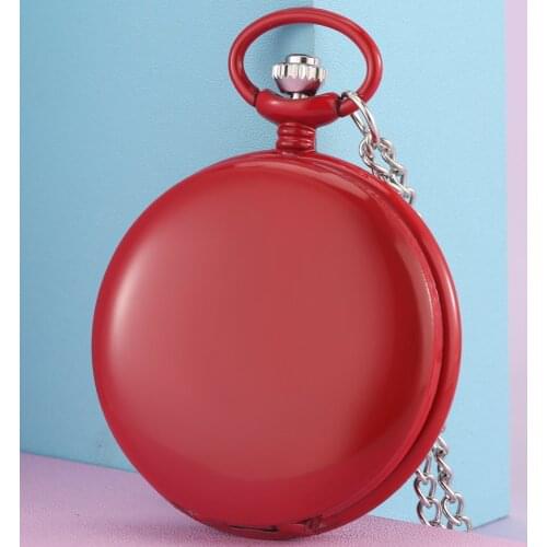Smooth Solid Color Lucky Red Cover Pocket Watch High Quality Quartz Movement Roman Numeral Dial Thin Chain Pendant Clock Gifts