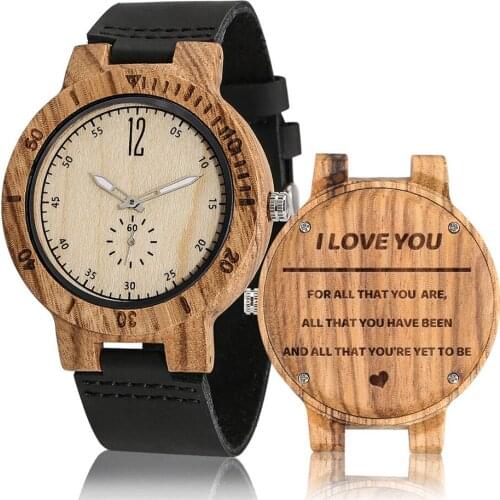 Men Engraved Wood Watch Quartz Genuine Leather Wristwatch Personalized Text Carving Male Casual Wooden Timepiece Boyfriend Gift
