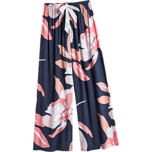 Summer Viscose Rayon Printing Women Pajama Bottoms Elastic Waist Ankle-Length Pants Sleep Wear Women Lounge Wear Wide Legs Pants