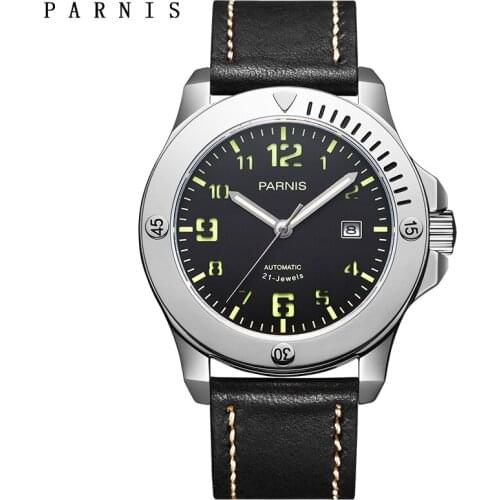 Parnis 44mm Mechanical Mens Watches Leather Strap 100m Waterproof Luminous Automatic Movement Sapphire Crystal Men Watch