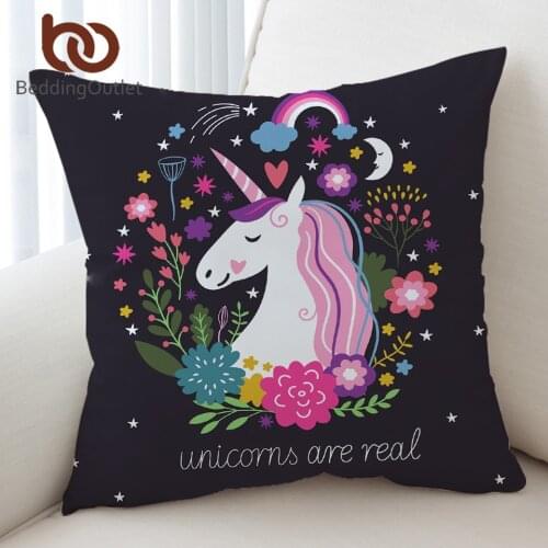 BeddingOutlet Cartoon Unicorn Cushion Cover Black Pillow Case Floral for Kids Girls Throw Cover Decorative Pillow Cover 45x45cm