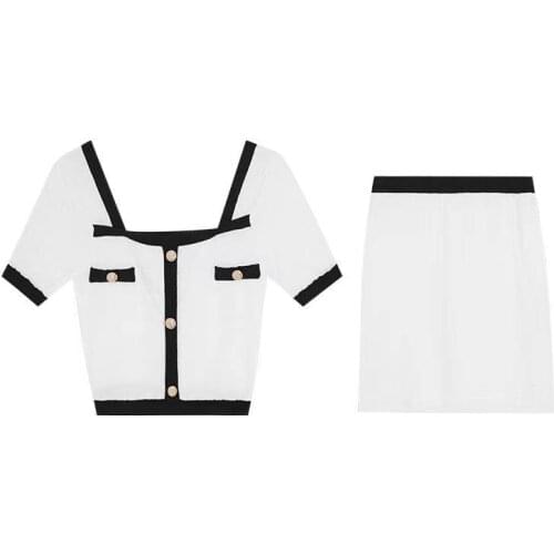 New Korean Chic Womens Suit Short Sleeve Square Collar Contrast Color Crop Top + Bodycon Mini Skirts Two Piece Set Women Outfit