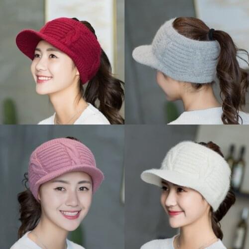 Autumn Winter Rabbit Hair Knitting Baseball Hats For Women Empty Top Visor Sports Hats Thick Warm Fashion Cap