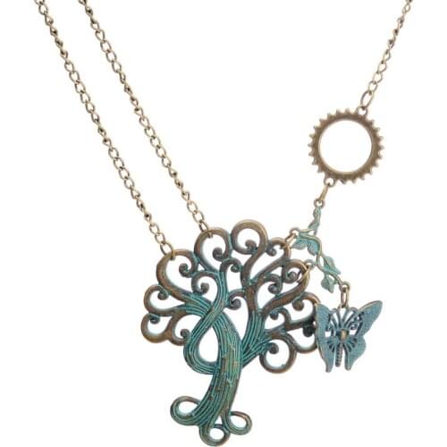 New Arrival Green Brass Paisley Tree and Butterfly Steampunk Chian Pendant Necklace