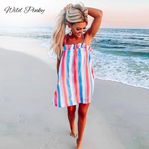 WildPinky Sleeveless Dress 2020 Summer Boho Beach Dresses Women Casual Striped Print A-line Strap Mini Party Dress Vestidos