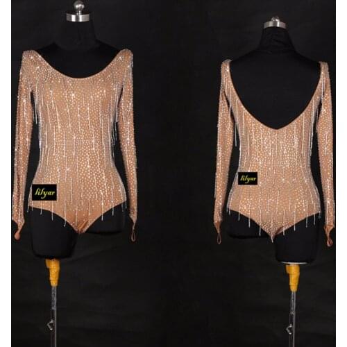 Ladies Latin Dance Dress Rhinestone Skin Color Popular Skirts For Women Professional Chacha Stage Ballroom Dancing Dresses 1049