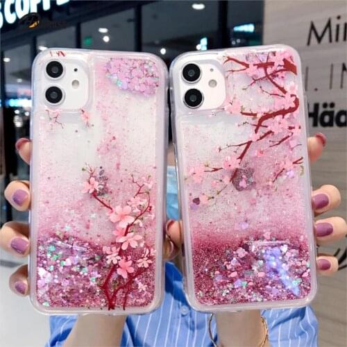 Shining Glitter Liquid Quicksand Phone Case For 12 11 Pro Max X XR XS Max 7 8 6 Plus SE 2020 Flower Bling Dynamic Back Cover