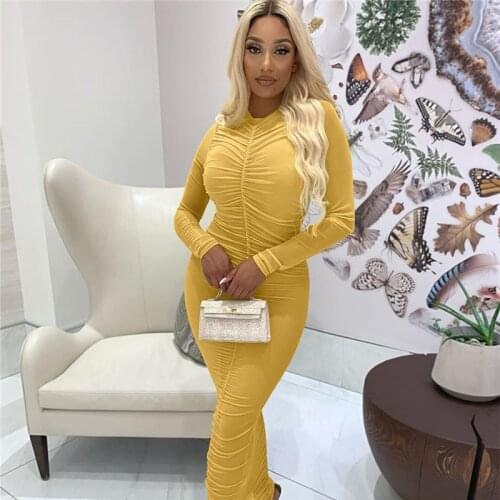 WJFZQM Sexy Bodycon Ruched Long Maxi Dress Women Long Sleeve O Neck Night Club Party Tight Dress Pleated Autumn Ladies Dresses