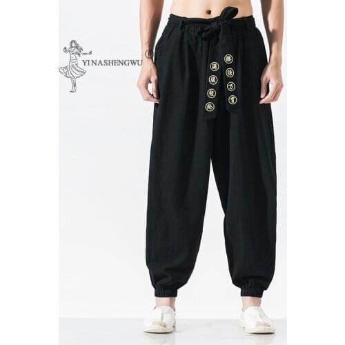 Japanese Casual Kimono Pants Loose HarajukuTrousers Japan Men Traditional Asian Clothing Yukata Style Embroidered Harem Costumes